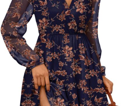 LILLUSORY Womens Long Sleeve Wedding Guest Dresses Winter 2025 Casual Fall Fashion V Neck Mini Chiffon Dress Flowy Clothes
