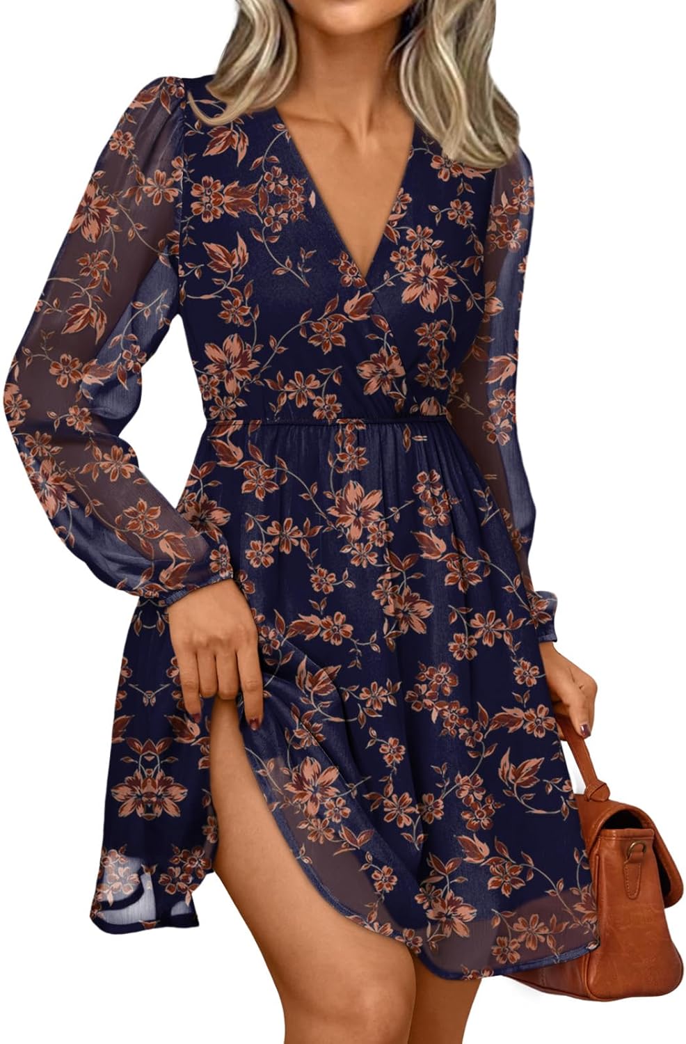 LILLUSORY Womens Long Sleeve Wedding Guest Dresses Winter 2025 Casual Fall Fashion V Neck Mini Chiffon Dress Flowy Clothes