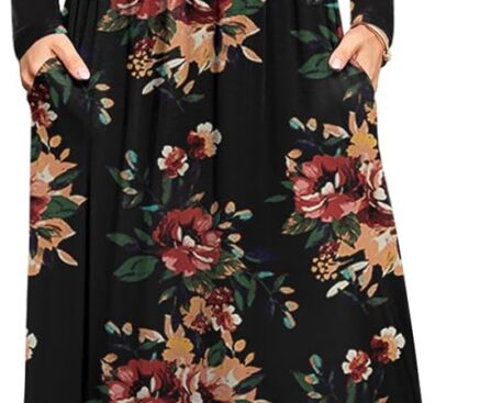 DB MOON Women Casual Long Sleeve Maxi Dresses Empire Waist Long Dress with Pockets