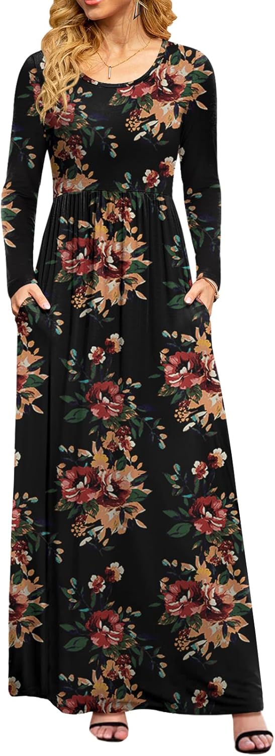 DB MOON Women Casual Long Sleeve Maxi Dresses Empire Waist Long Dress with Pockets