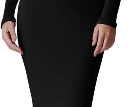 QINSEN Women’s Ribbed Knit Long Sleeve Scoop Neck Maxi Dress with Lace Details Bodycon Dress