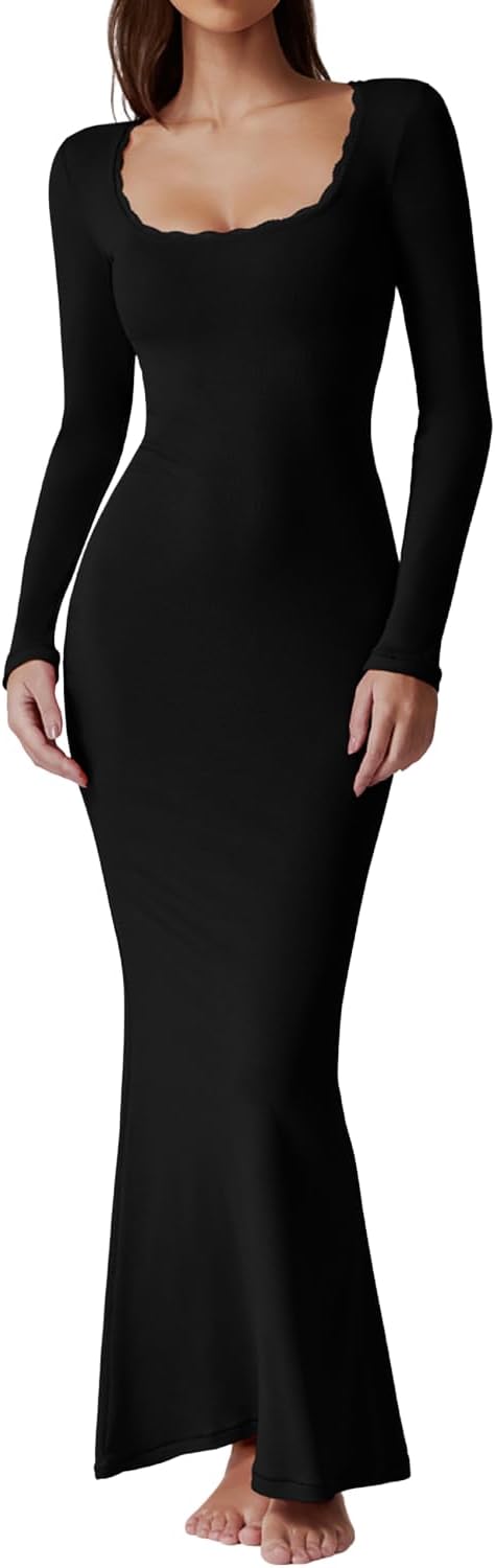 QINSEN Women’s Ribbed Knit Long Sleeve Scoop Neck Maxi Dress with Lace Details Bodycon Dress