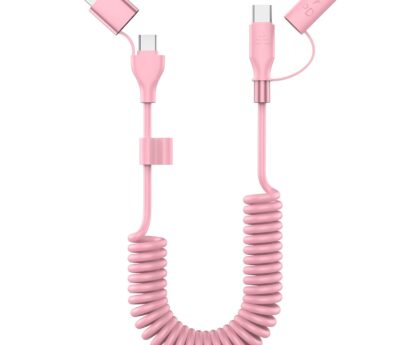 Coiled USB-C and Lightning Cable 2-in-1, 3FT Pink iPhone 15 16 Car Charger Cord, 60W Fast Charging Cable for iPhone 17, Samsung Galaxy, Cute Pink Car Accessories Supports Apple CarPlay & Android Auto