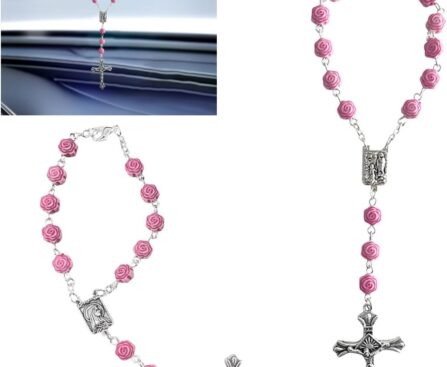 2PCS Pink Rosary Pendant Car Interior Rear View Mirror Charm Auto Decors, Medal and Cross Personalized Hanging Accessories for Women Men (Rose)