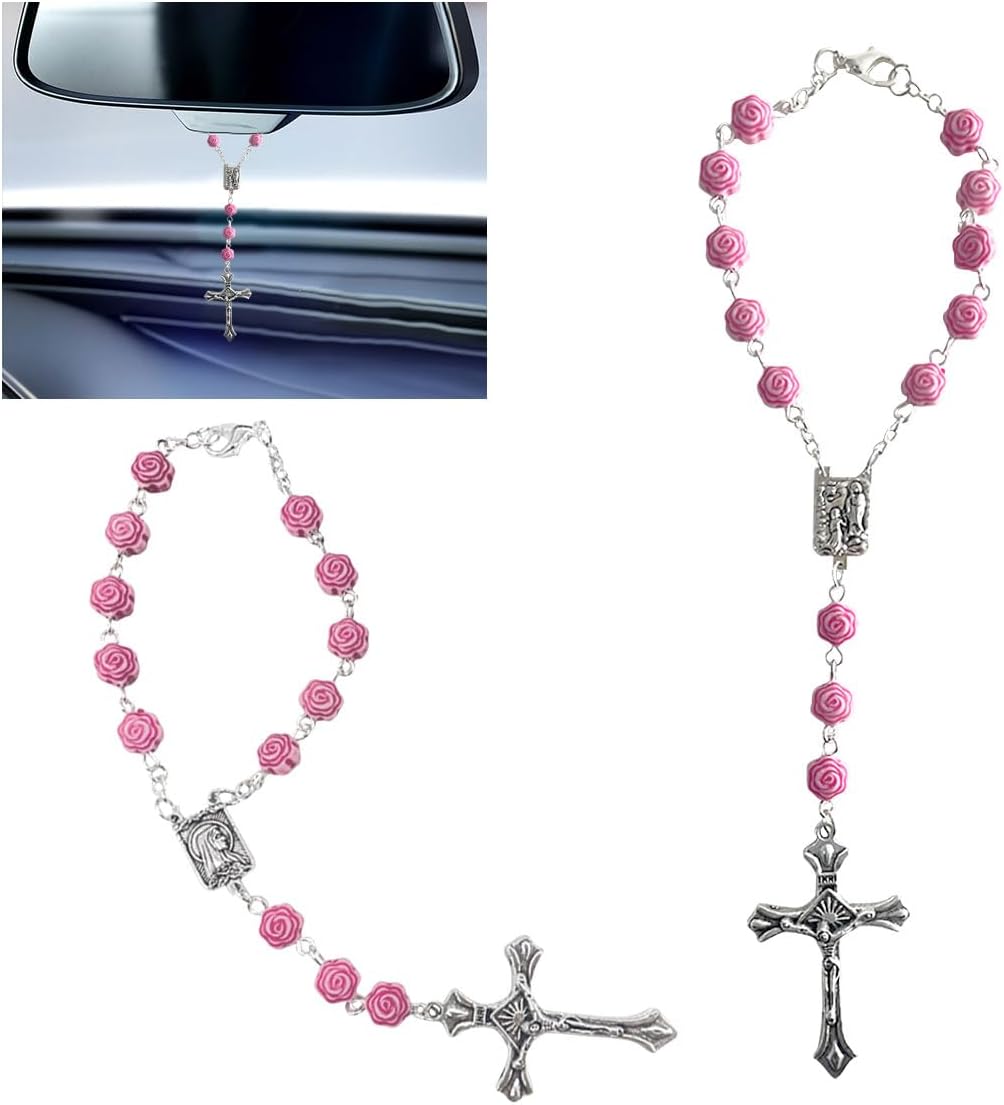 2PCS Pink Rosary Pendant Car Interior Rear View Mirror Charm Auto Decors, Medal and Cross Personalized Hanging Accessories for Women Men (Rose)