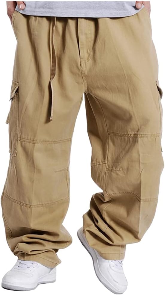 Kinghua Mens Baggy Cargo Pants Casual Loose Fit Elastic Waist Cotton Twill Cargo Pants