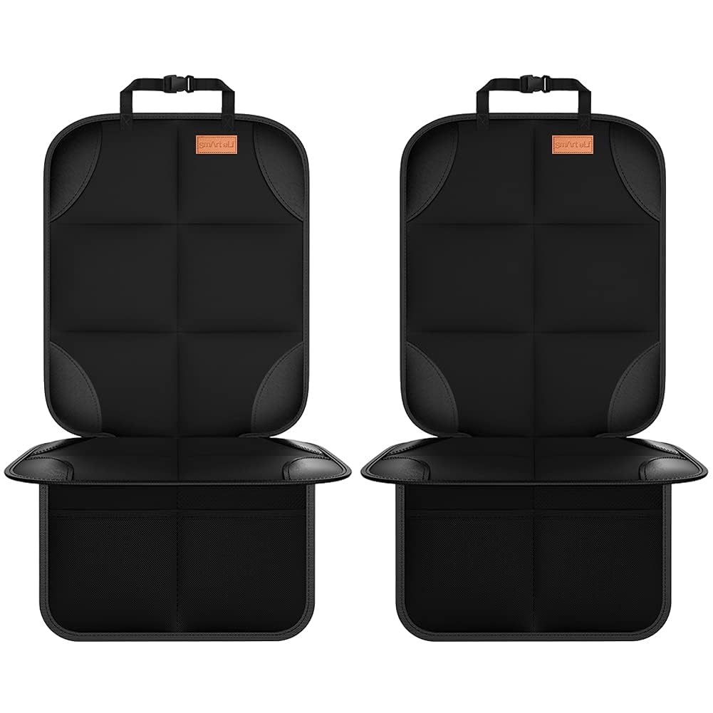 Car Seat Protector, Large Auto Protector for Child Seats with Thickest Padding and Non-Slip Backing Mesh Pockets for SUV, Sedan, Truck, Leather and Fabric – Black