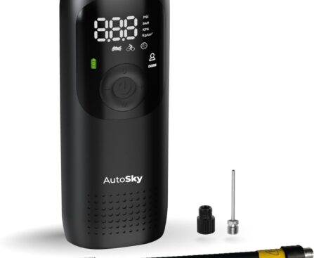 AUTOSKY Portable Tire Inflator & Air Compressor – Car Accessories with Flashlight & Power Bank, Air Pump for Car Tires, Bike Pump & Ball Pump, 150 PSI Fast Inflation, Digital Display & Auto Shutoff