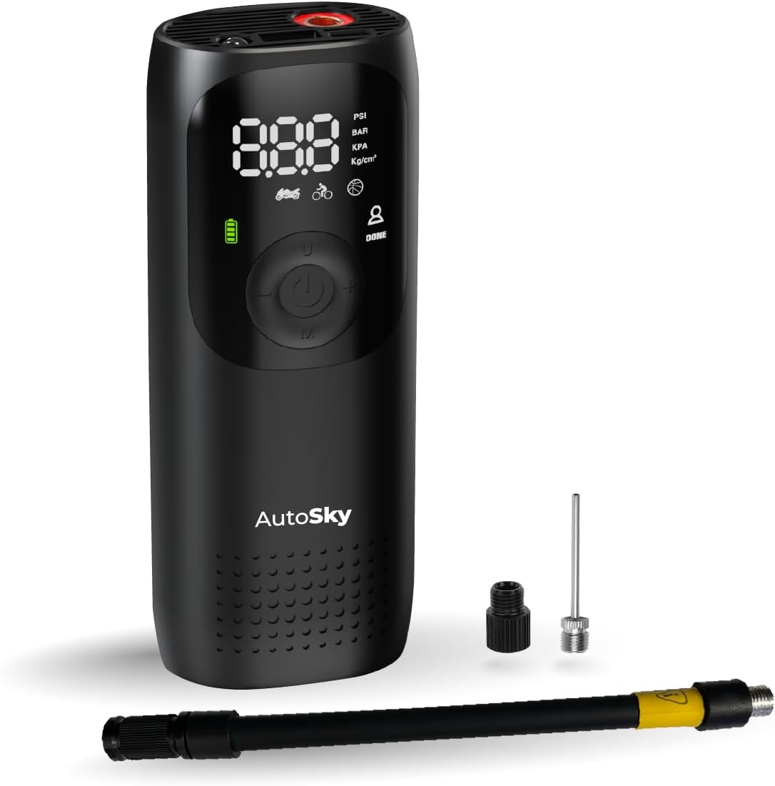 AUTOSKY Portable Tire Inflator & Air Compressor – Car Accessories with Flashlight & Power Bank, Air Pump for Car Tires, Bike Pump & Ball Pump, 150 PSI Fast Inflation, Digital Display & Auto Shutoff