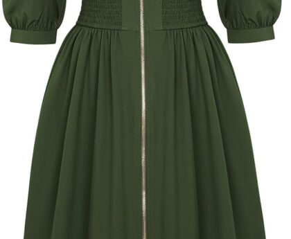 GRACE KARIN Women Fall Midi Dress 2025 A Line Smocked Work Dress Fit and Flare V Neck Zipper 3/4 Sleeve Dress Casual Pockets