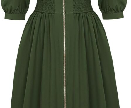 GRACE KARIN Women Fall Midi Dress 2025 A Line Smocked Work Dress Fit and Flare V Neck Zipper 3/4 Sleeve Dress Casual Pockets