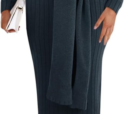 Saodimallsu Womens Long Sleeve Midi Sweater Dress Bodycon Mock Neck Ribbed Knit Tie Waist Fall Long Dresses