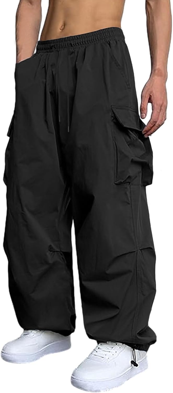 Men’s Casual Cargo Pants Elastic Waist Drawstring Street Hip Hop Trousers with Pockets
