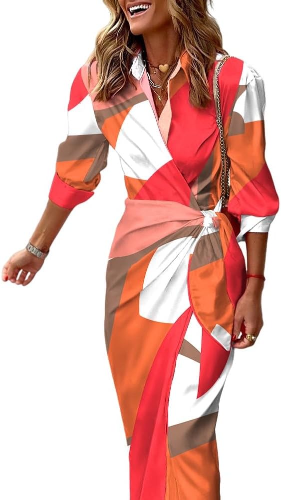 CHICME Women’s Long Sleeve Midi Dress 2025 Casual Wrap Tied Detail Shirt Dresses Floral Print Fall Boho Long Dress