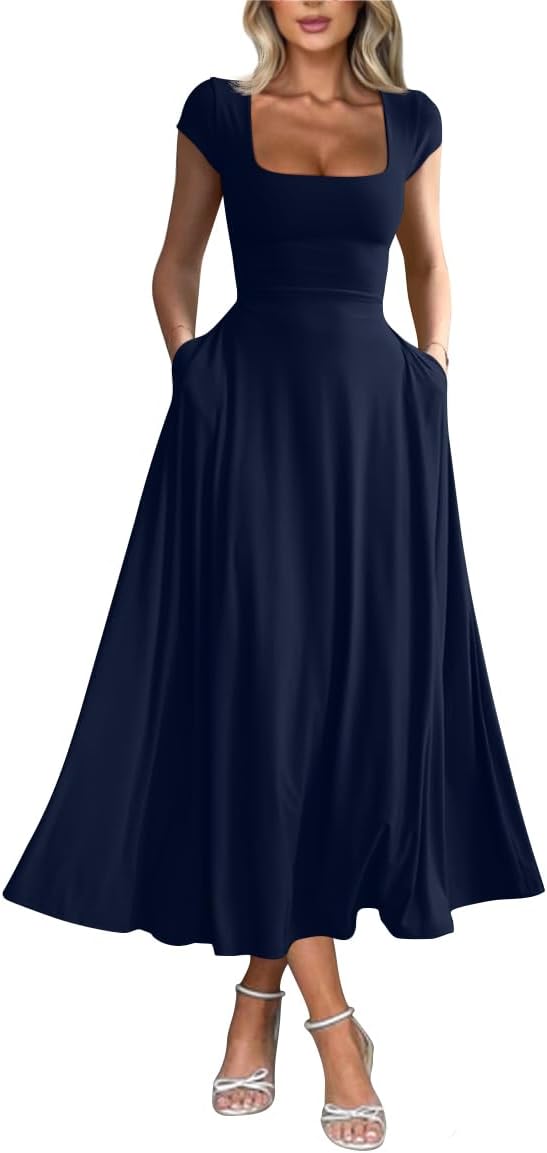 YMDUCH Women’s Casual Short Sleeve Square Neck Solid Slim Flowy Maxi Dress with Pockets