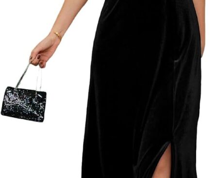 BLENCOT Women’s Casual Fall Short Sleeve Square Neck Midi Dress Side Slit Velvet Wedding Guest Flowy Party Dresses