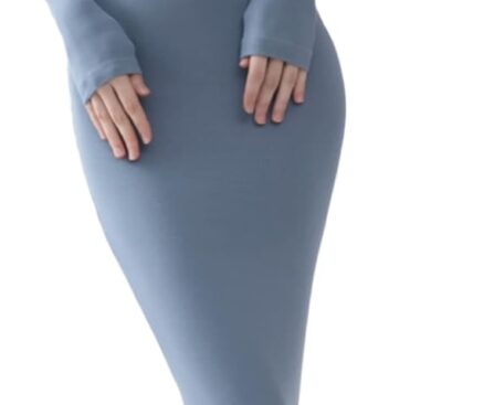 PUMIEY Women’s Square Neck Long Sleeve Maxi Dress Ribbed Bodycon Dresses for Women Soft Lounge Dress