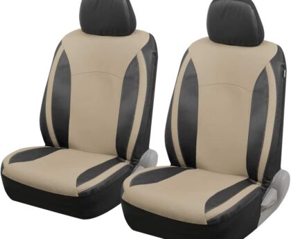Motor Trend Beige Faux Leather Car Covers for Front Seats – Premium Automotive Bucket Seat Covers, Made for Vehicles with Removable Headrests, Interior Covers for Truck Van SUV