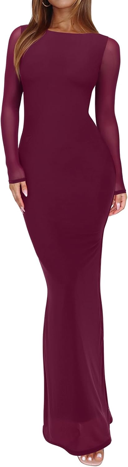 REORIA Women’s Fall Mesh Sheer Long Sleeve Wedding Guest Dress Sexy Floral Bodycon Maxi Long Dresses