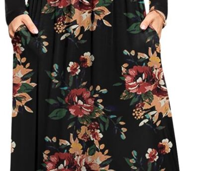 DB MOON Women Casual Long Sleeve Maxi Dresses Empire Waist Long Dress with Pockets