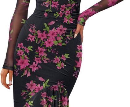 MEROKEETY Women’s Long Sleeve Fall Wedding Guest Dress Elegant Classy Bodycon Square Neck Mesh Cocktail Midi Dresses