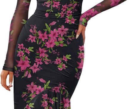 MEROKEETY Women’s Long Sleeve Fall Wedding Guest Dress Elegant Classy Bodycon Square Neck Mesh Cocktail Midi Dresses