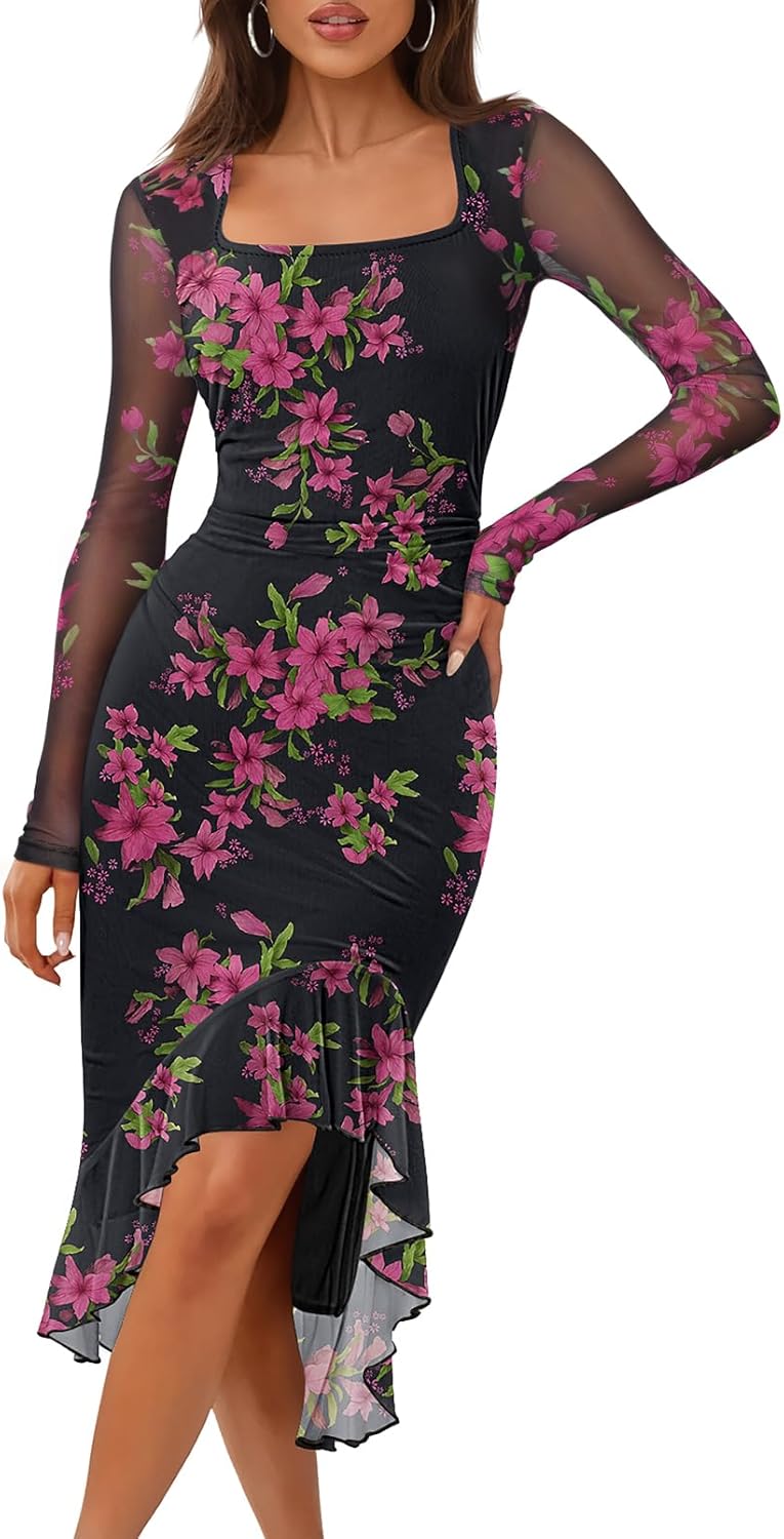 MEROKEETY Women’s Long Sleeve Fall Wedding Guest Dress Elegant Classy Bodycon Square Neck Mesh Cocktail Midi Dresses