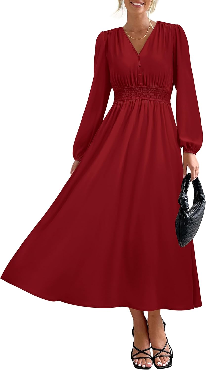 PRETTYGARDEN Womens Long Sleeve Maxi Dress 2025 Fall Trendy Elegant V Neck Flowy Wedding Guest Holiday Formal Long Dresses