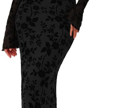 PRETTYGARDEN Women’s Floral Bodycon Maxi Dress 2025 Fall Elegant Mesh Long Sleeve Formal Wedding Guest Cocktail Dresses