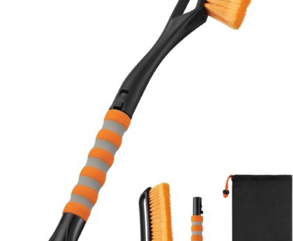 AstroAI 27″ Snow Brush and Ice Scrapers for Car Windshield, Detachable Snow Scrapers with Ergonomic Foam Grip for Cars, Trucks, SUVs (Heavy Duty ABS, PVC Brush, Orange)