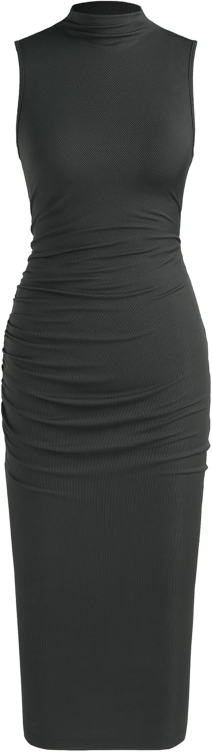 CIDER Work Dresses for Women High Neck Sleeveless Bodycon Ruched Cocktail Party Midi Dresses