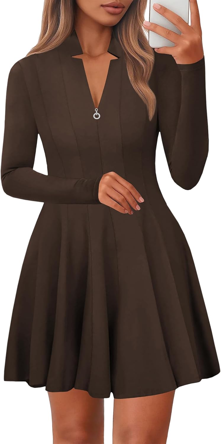 Lazysmile Fall Dresses for Women 2025 Long Sleeve V Neck Half Zip A Line Swing Casual Party Club Mini Short Dress