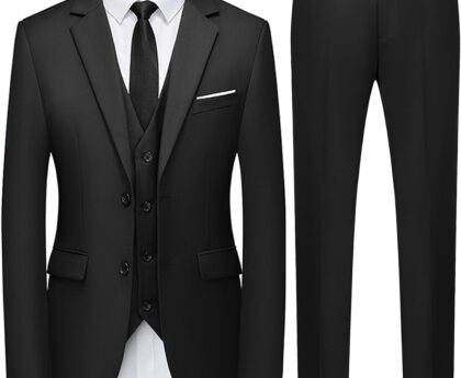 WULFUL Men’s 3 Piece Slim Fit Suit Set Two Button Blazer Jacket Vest Pants Tuxedo Set for Party, Wedding and Business