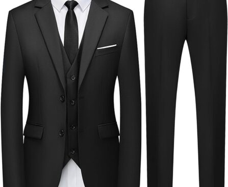 WULFUL Men’s 3 Piece Slim Fit Suit Set Two Button Blazer Jacket Vest Pants Tuxedo Set for Party, Wedding and Business