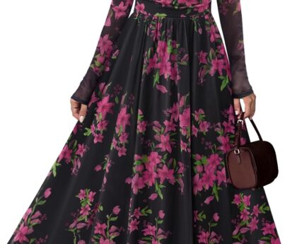 MEROKEETY Women’s Long Sleeve Fall Wedding Guest Dress 2025 Crewneck Floral Flowy Mesh Cocktail Maxi Dresses