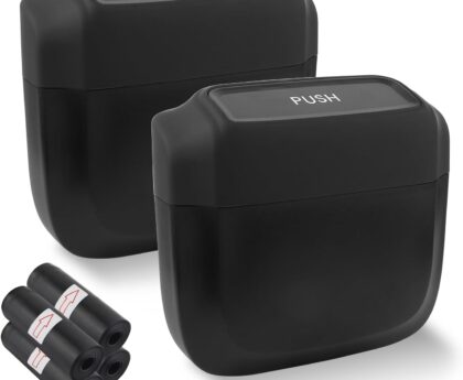 2PCS Car Trash Can with Lid + 60PCS Garbage Bags,Mini Trash Can Interior Accessories for Door/Seat/Center Console/Home/Office,Multifunctional Car Organizers and Storage (Black)