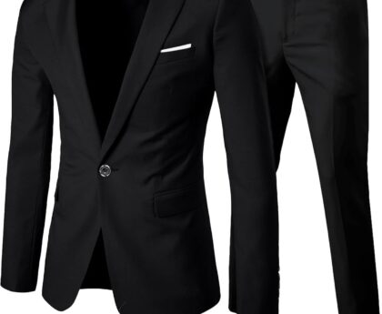 YND Men’s 2 Piece Suit with Tie, One Button Slim Fit Solid Jacket and Pants Set, Suits for Men Prom Party Wedding & Business