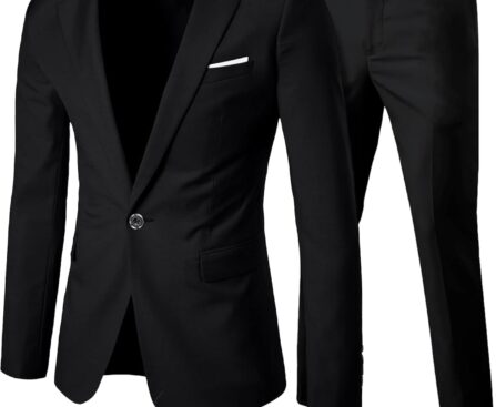 YND Men’s 2 Piece Suit with Tie, One Button Slim Fit Solid Jacket and Pants Set, Suits for Men Prom Party Wedding & Business