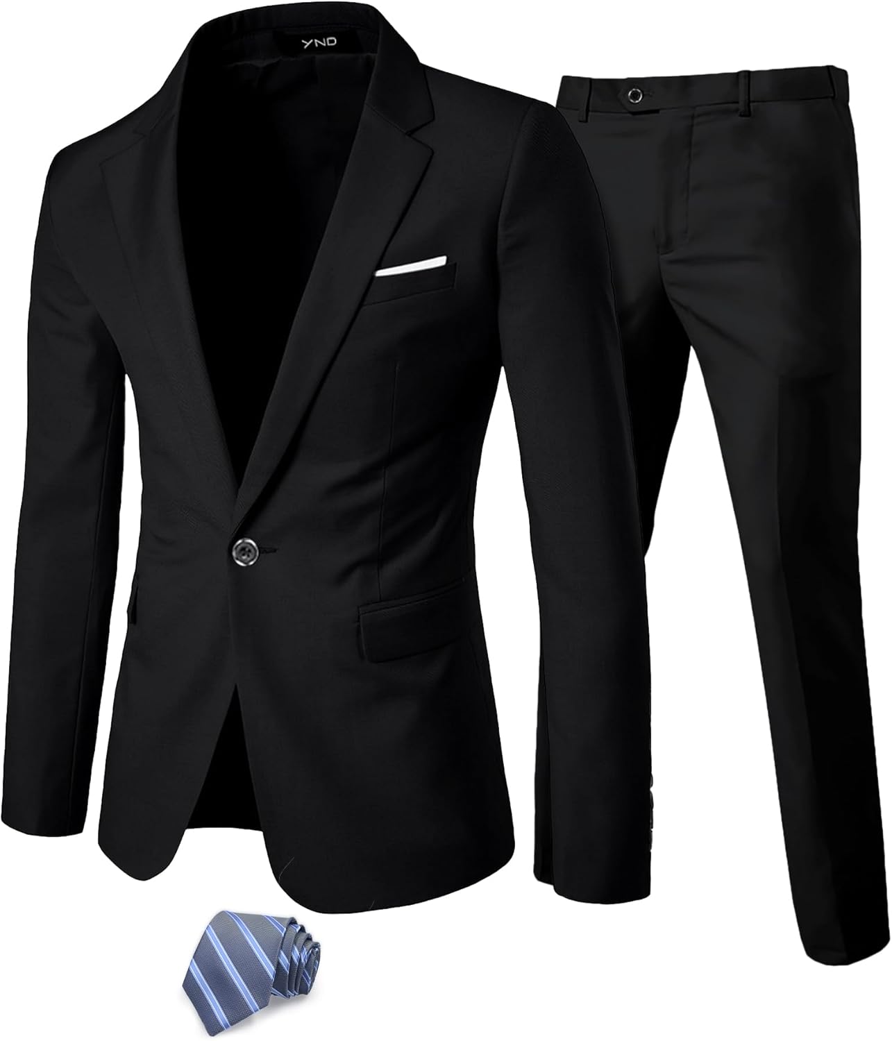 YND Men’s 2 Piece Suit with Tie, One Button Slim Fit Solid Jacket and Pants Set, Suits for Men Prom Party Wedding & Business