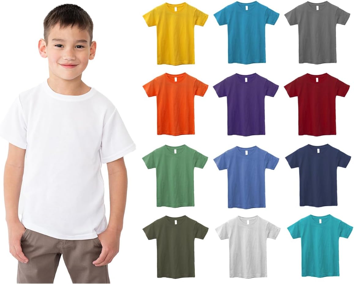 BILLIONHATS 12 Pack Kids Cotton Tshirts Bulk, Wholesale Unisex Children Tees, Lightweight Tshirt Packs for Boys Girls