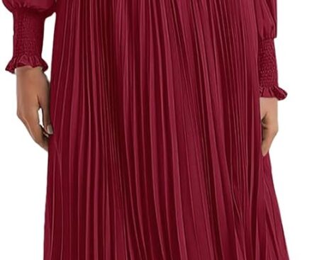 PRETTYGARDEN Womens Wrap V Neck Fall Dresses Wedding Guest Casual Pleated Long Sleeve Midi Dress Ruffle Smocked Long Dress