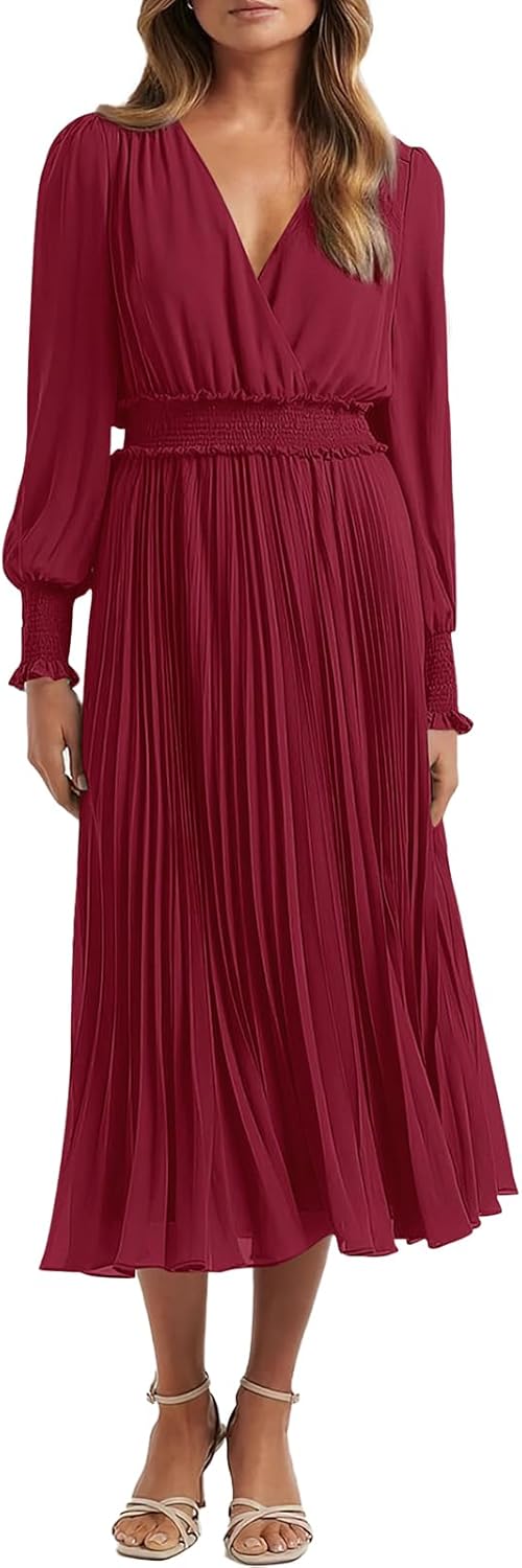 PRETTYGARDEN Womens Wrap V Neck Fall Dresses Wedding Guest Casual Pleated Long Sleeve Midi Dress Ruffle Smocked Long Dress