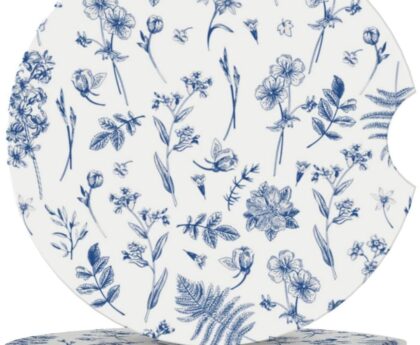 Vintage Blue Flower Car Coasters for Cup Holder Absorbent Ceramic Cup Coaster 2 Pack Anti Slip Car Interior Accessories with Finger Notch Cork Base for Women Men 2.56″