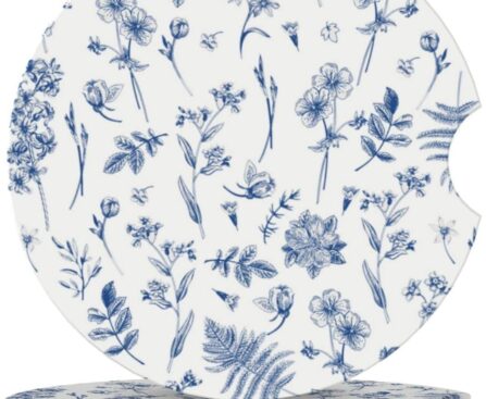 Vintage Blue Flower Car Coasters for Cup Holder Absorbent Ceramic Cup Coaster 2 Pack Anti Slip Car Interior Accessories with Finger Notch Cork Base for Women Men 2.56″