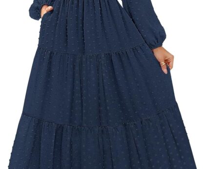 MEROKEETY Women’s Fall Long Sleeve Maxi Dress 2025 Boho Ruffle Tiered Swiss Dots Wedding Guest Cocktail Long Dresses