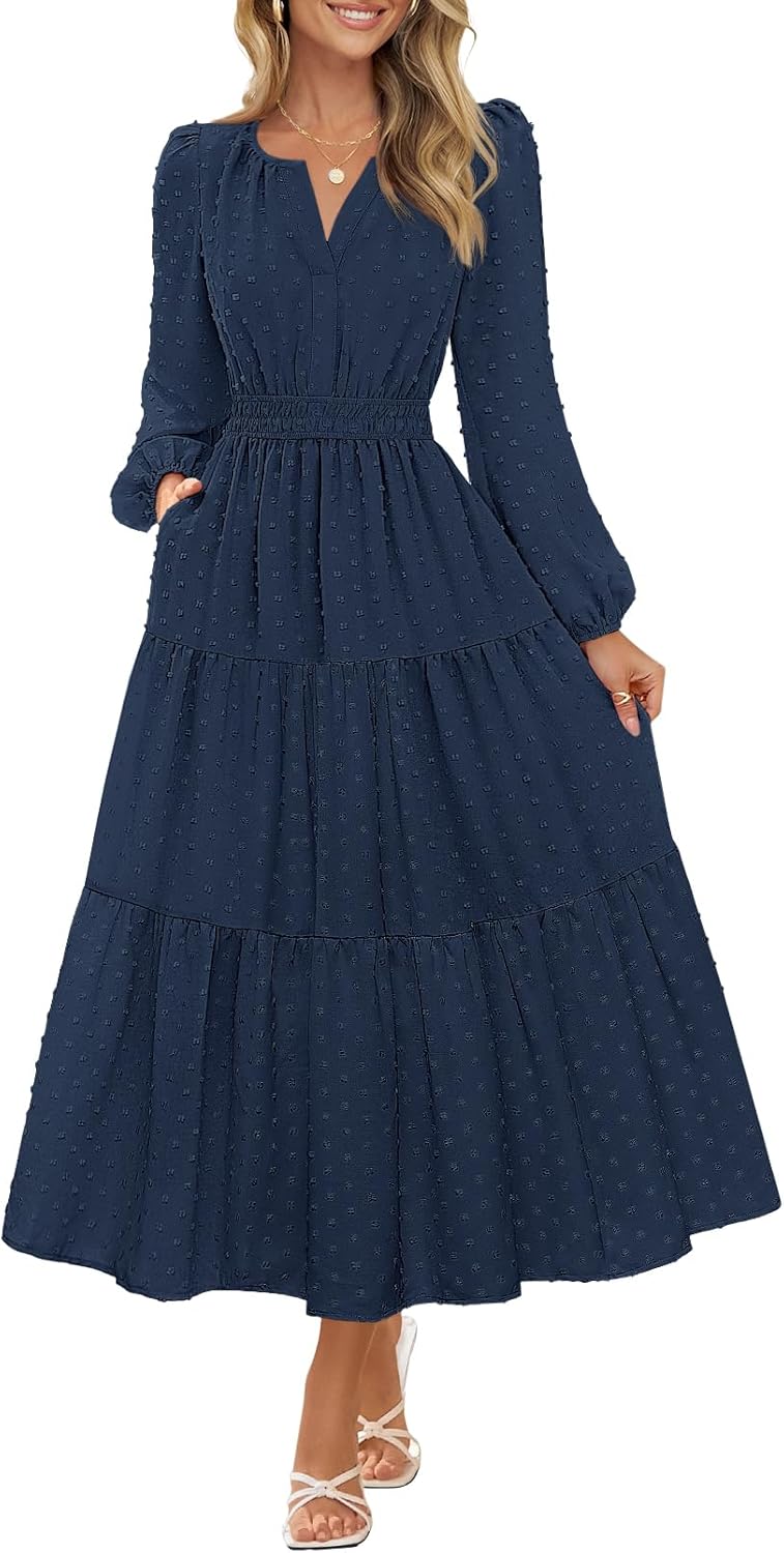 MEROKEETY Women’s Fall Long Sleeve Maxi Dress 2025 Boho Ruffle Tiered Swiss Dots Wedding Guest Cocktail Long Dresses