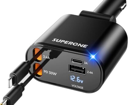 【Upgraded】 SUPERONE Retractable Car Charger 4 in 1, Fast Car Phone Charger with Cord 2.6ft, USB C and Apple Car Adapter, Compatible with iPhone 17 16 15/15 Pro Max/14/13/12/11, Galaxy, Pixel
