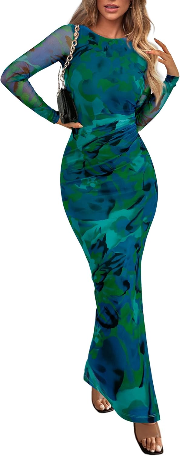 PRETTYGARDEN Women’s Bodycon Maxi Dress Fall Spring Fashion Long Sleeve Floral Print Tight Fitted Party Club Ruched Dresses