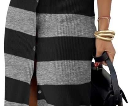 PRETTYGARDEN Women’s Fall Sweater Dresses 2025 Long Sleeve V Neck Button Ribbed Knit Stripes Bodycon Midi Winter Dress