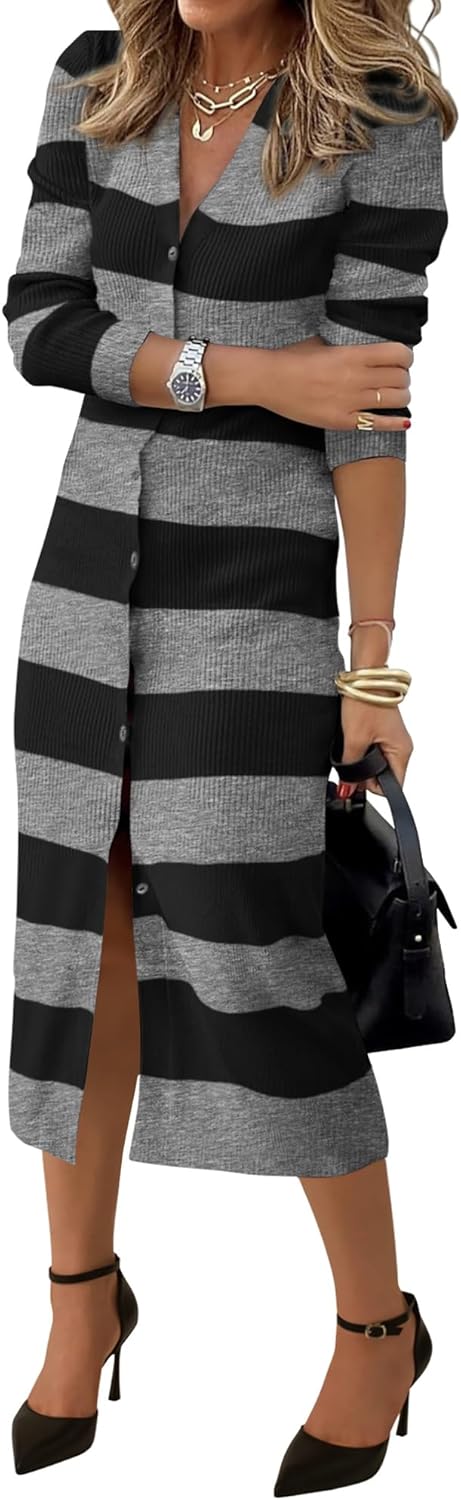PRETTYGARDEN Women’s Fall Sweater Dresses 2025 Long Sleeve V Neck Button Ribbed Knit Stripes Bodycon Midi Winter Dress